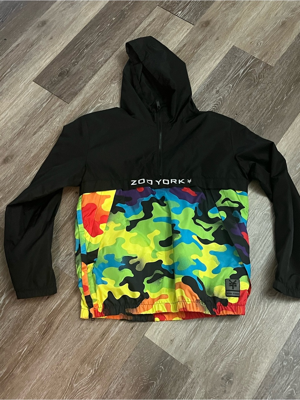 ZOO YORK Neon Rainbow Camo Anorak Windbreaker Jacket Hooded Size 16